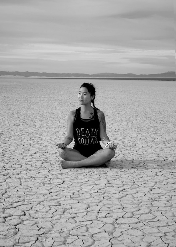 15.) Victoria Lo, San Francisco, of Team Deathsquad on Zzyzx Dry Lake Bed (Mile 205), March 31st at 12.50h