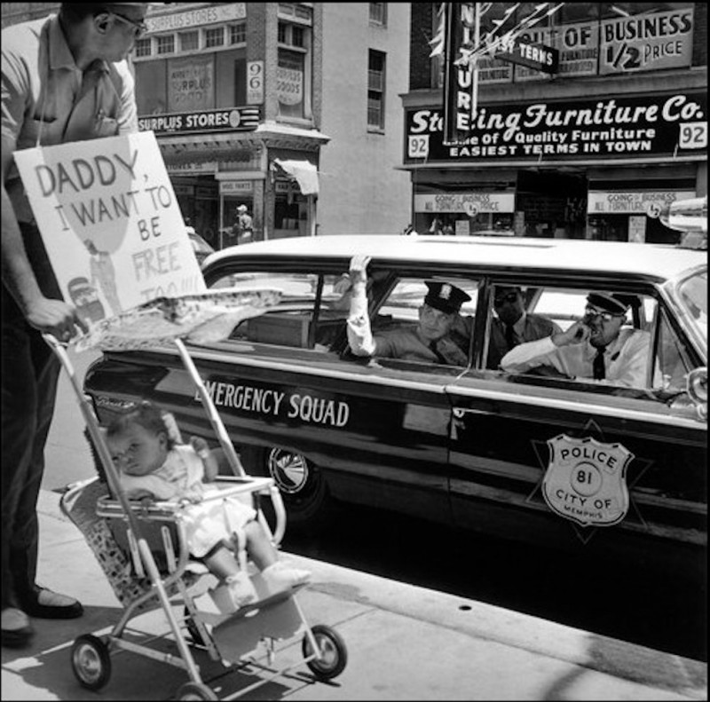 1_William Edwin Jones pushes daughter Renee Andrewnetta Jones (8 months old) during protest, Main Street, Memphis, Tennessee, 1950’s (VARIANT)