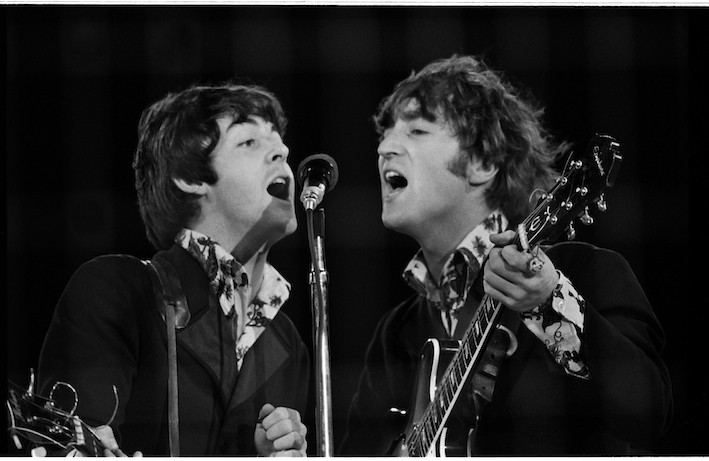 Paul McCartney & John Lennon performing at the Beatles last concert at Candlestick Park in San Francisco, California, August 29,1966 ©Jim Marshall Photography LLC