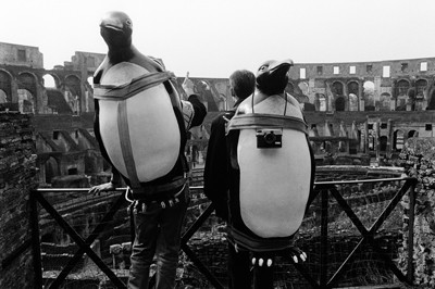 Zwei Touristen tragen Pinguine und Kameras auf ihrem Rücken.