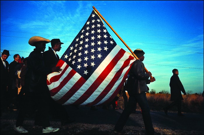 The Big Flag on the Hall Farm Road at the end of the first day of the Selma to Montgomery March, Dallas County, Alabama - 21 March 1965